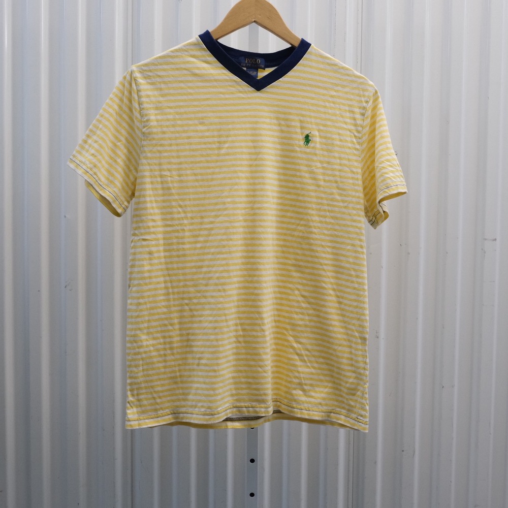 Polo Ralph Lauren Yellow White Stripe Short Sleeve V Neck T Shirt Youth XL 18-20